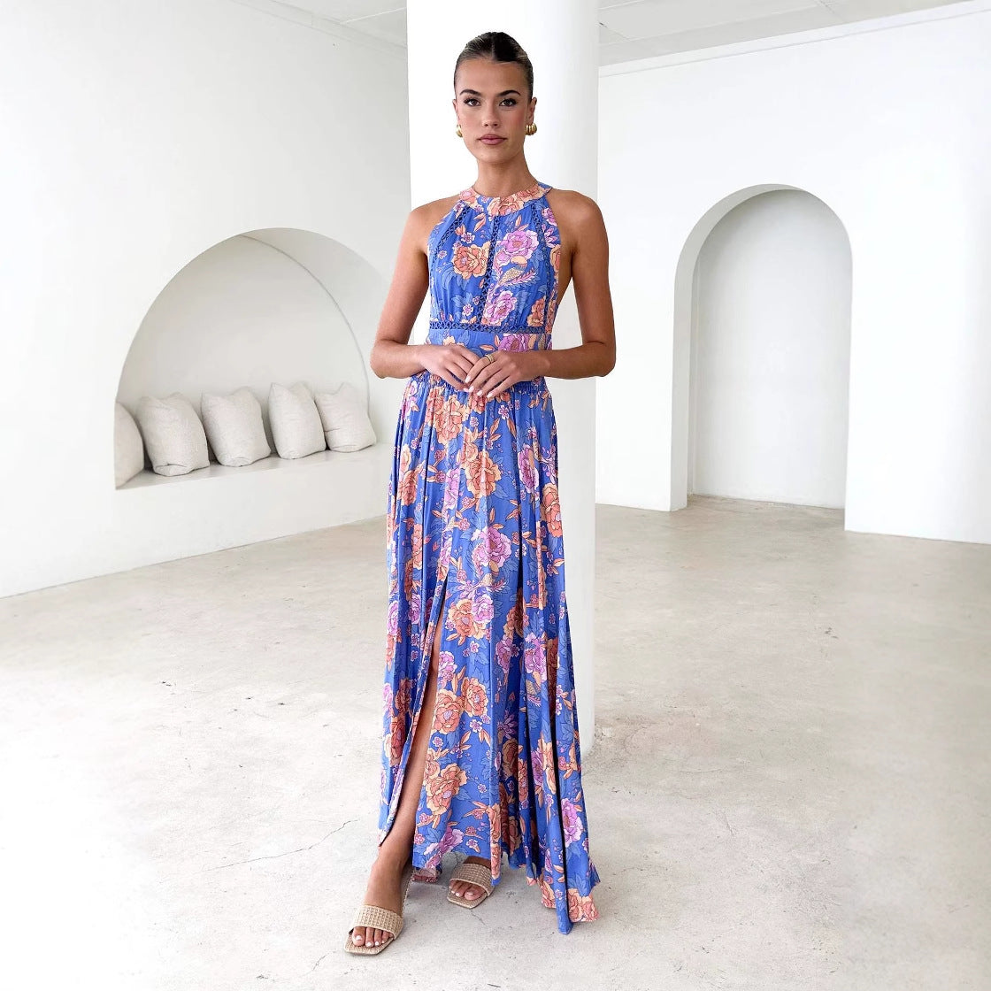 Damen Maxikleid mit hochgeschlossenem Ausschnitt und floralen Akzenten WW