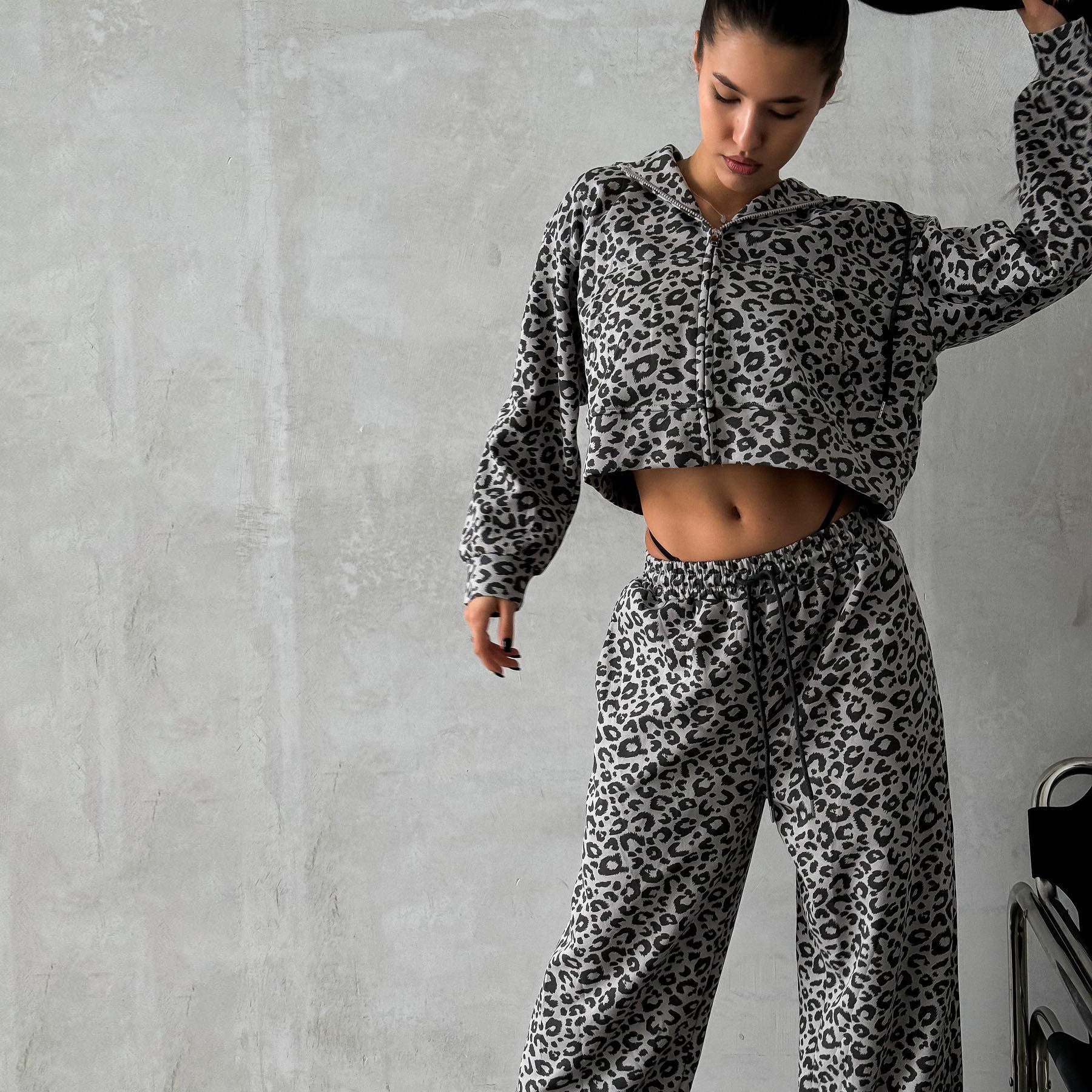 Damen Baumwoll-Loungewear-Set mit Leoparden-Design WW