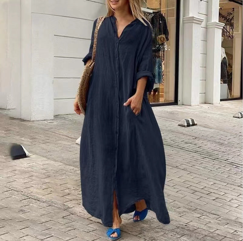 W&W Mode | Einreiher Baumwoll-Leinen Plus Size Langkleid
