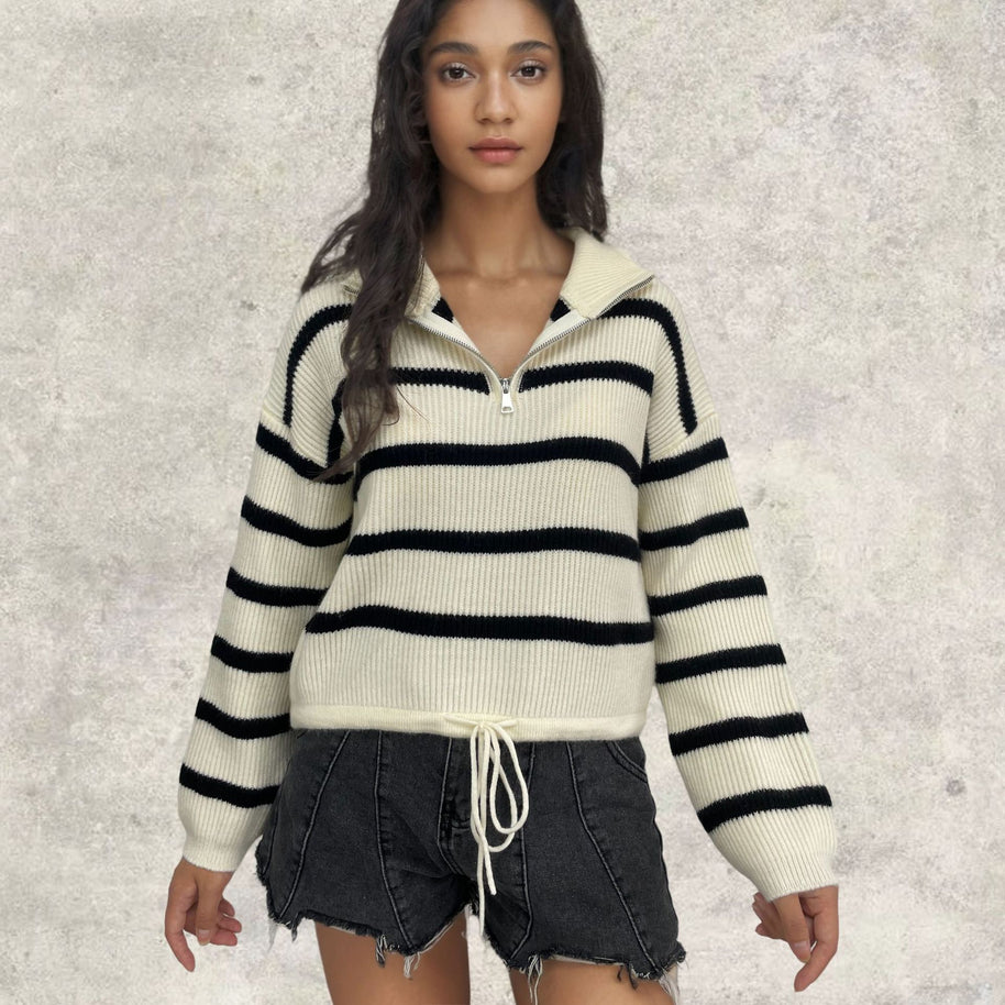 Damen Strickpullover mit Stehkragen und Kordelzug WW