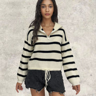 Damen Strickpullover mit Stehkragen und Kordelzug WW