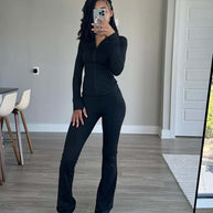Damen Sportliches Freizeit-Loungewear-Set mit enganliegendem Langarmoberteil und hoher Taille WW