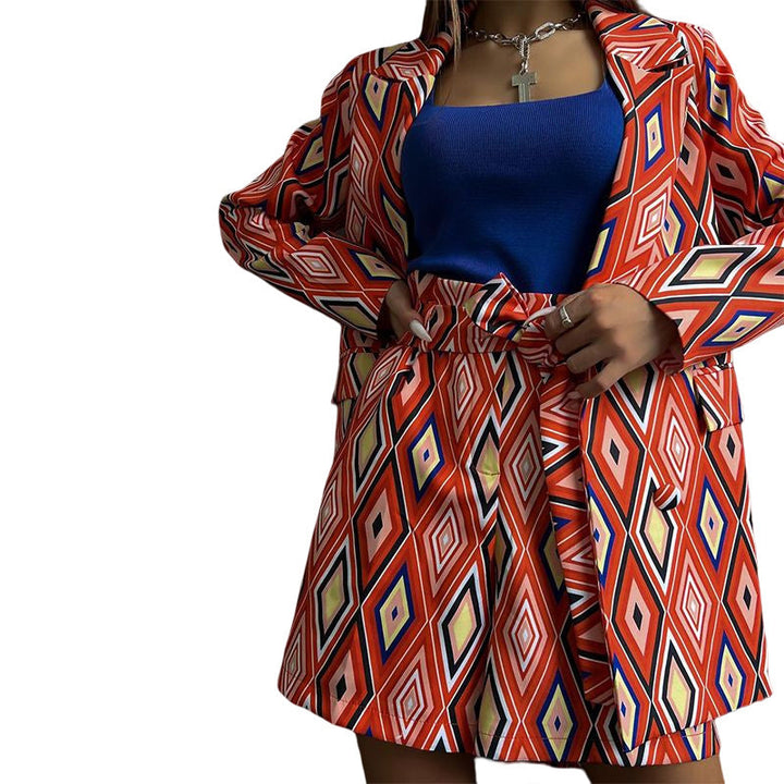 Damen Blazer und Shorts Set mit geometrischem Muster und taillierbarem Gürtel W&W Mode