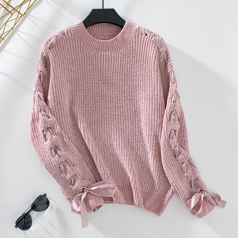 WW | Dicker Strickpulli Für Frauen Mit Rüschensleeves Aus Band