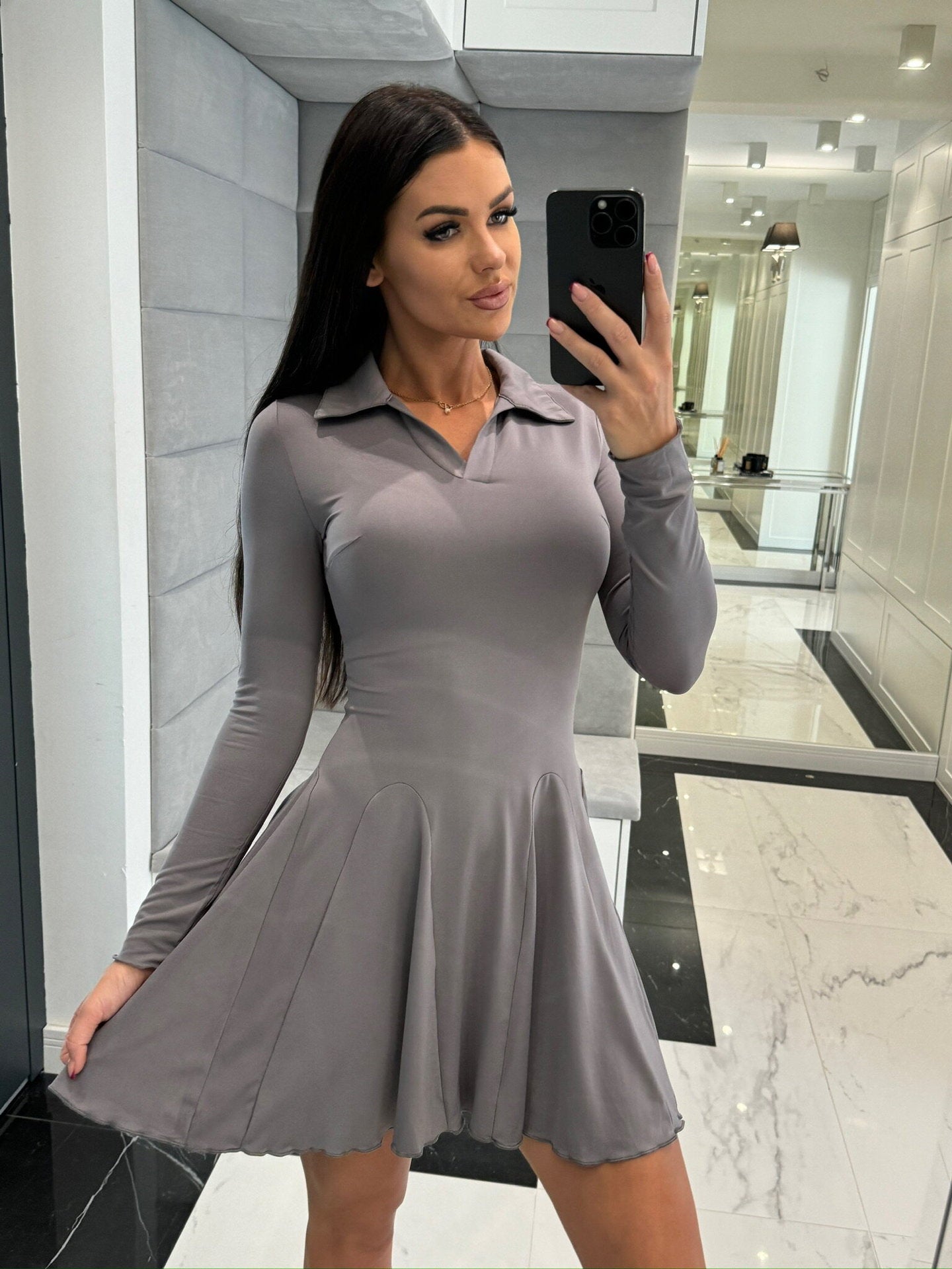 Damen A-Linien Kleid mit Polo-Kragen und schwingendem Rock WW