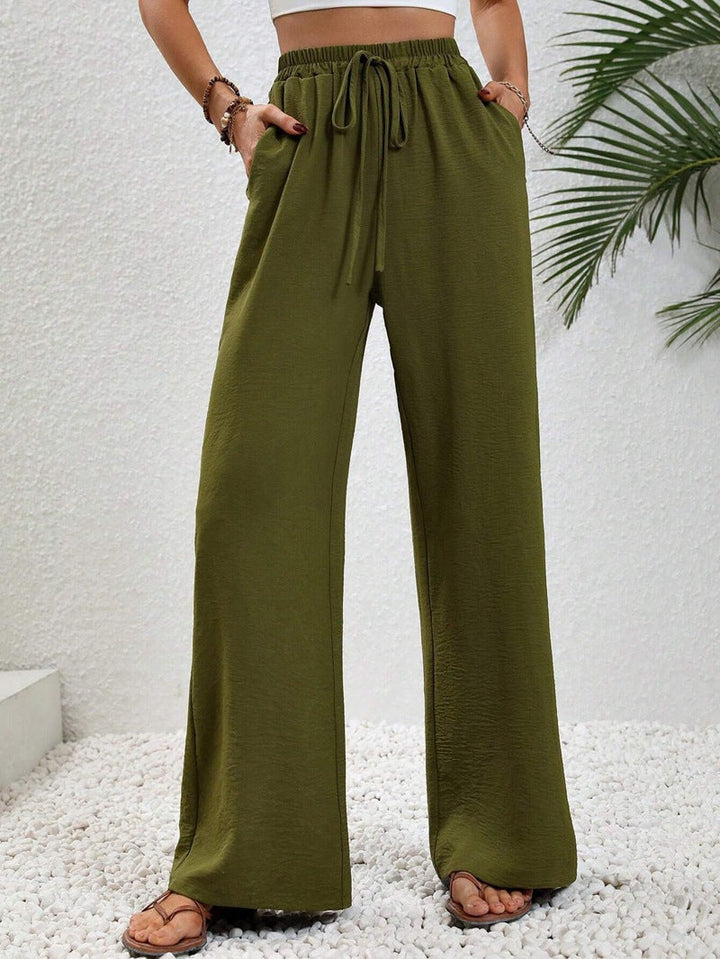 Damen lässige, breite Freizeithose mit elastischem Bund und seitlichen Taschen W&W Mode