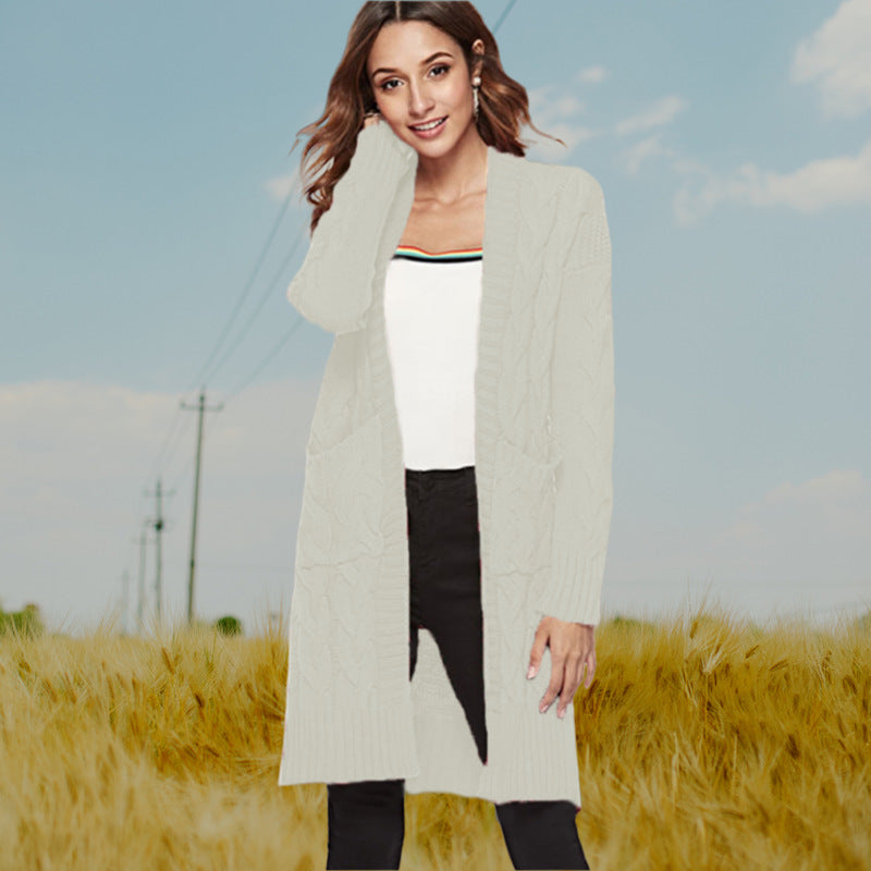 Damen Strickmantel mit großen Taschen und eleganten Zopfmustern WW