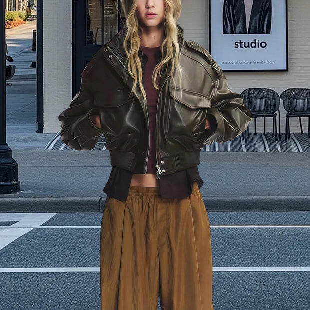 Damen ausgefallene Lederjacke mit voluminösen Ärmeln WW