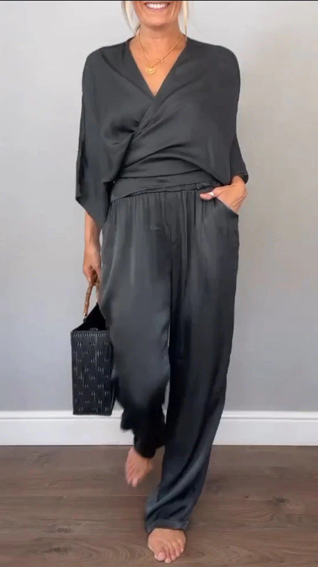 Damen Chiffon Zweiteiler mit Wickeloberteil und weit geschnittenen Hosen WW