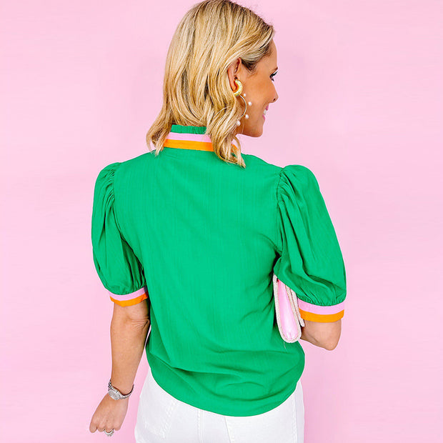 Damen Bluse mit stilvollen Rüschendetails und modischem Farbkontrast WW