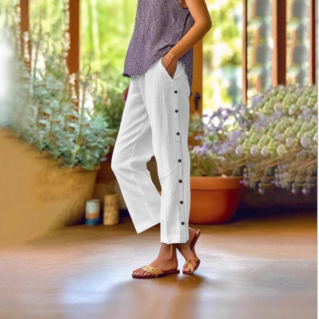 Damen Bequeme Leinenhose mit Knopfdetails WW
