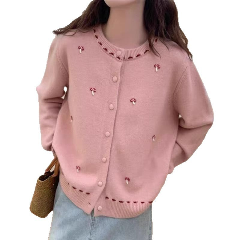 Damen Strickjacke mit floralem Stickdesign und Rundhalsausschnitt WW