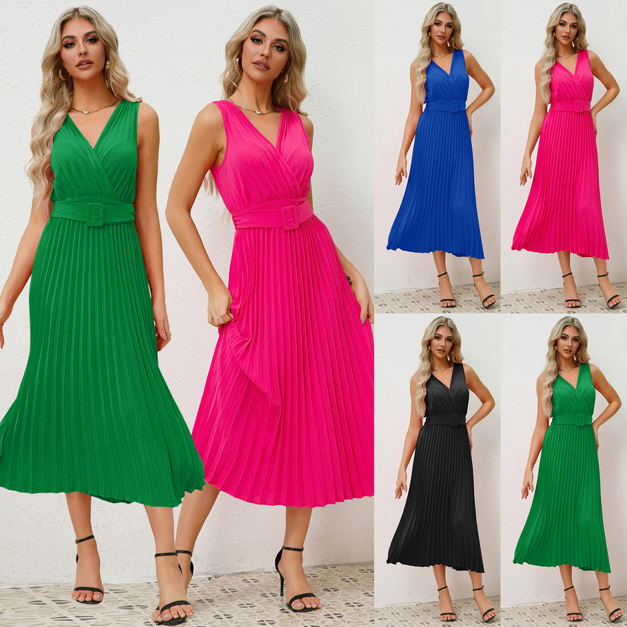 Damen Plissee Maxikleid mit taillierbarem Gürtel und elegantem V-Ausschnitt WW