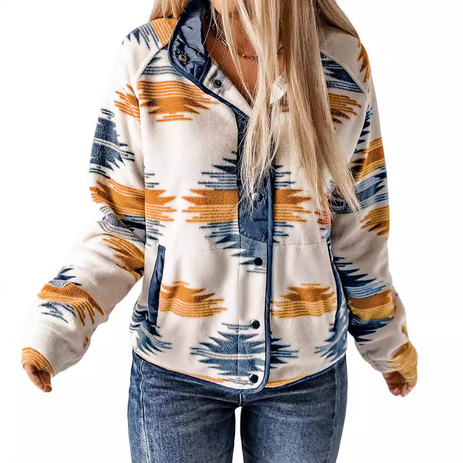 Damen bequemes Fleece-Jacke mit modischem Muster und praktischen Taschen WW