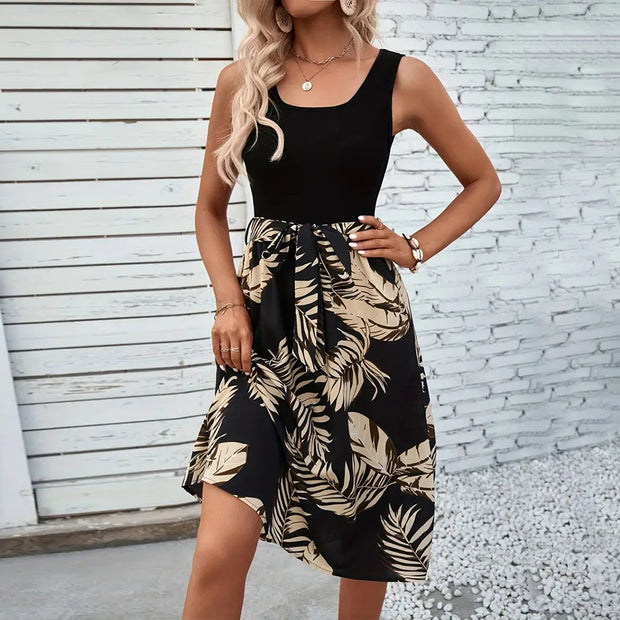 Damen Midikleid mit dekorativer Schleife und elegantem Palmendruck W&W