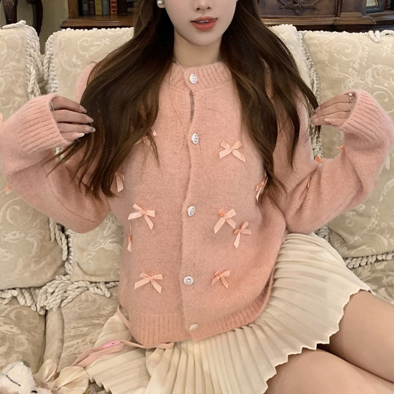 Damen Strickjacke mit dekorativen Schleifenapplikationen WW