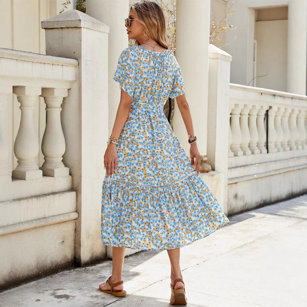 Damen romantisches Blumenkleid mit Taillengürtel und Rüschen WW