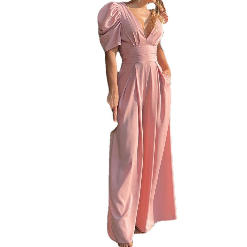 Damen Puffärmel Jumpsuit mit tiefem V-Ausschnitt und weiten Beinen W&W Mode