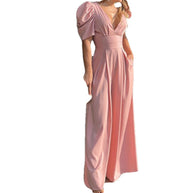 Damen Puffärmel Jumpsuit mit tiefem V-Ausschnitt und weiten Beinen WW