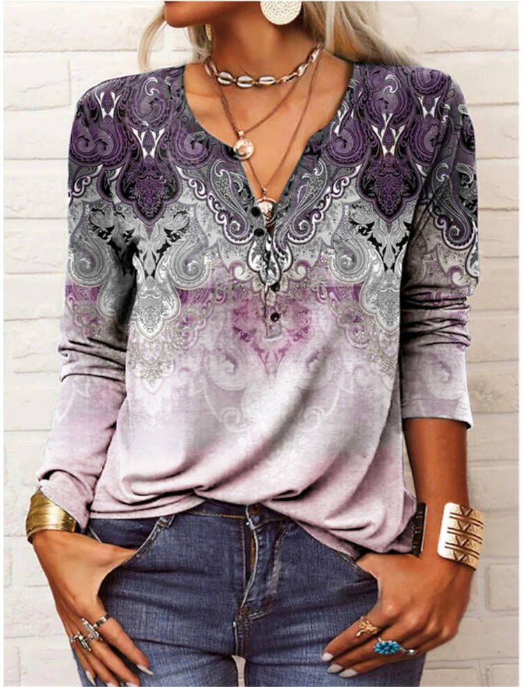 Damen Langarmshirt mit detailliertem Druck und Knopfleiste WW