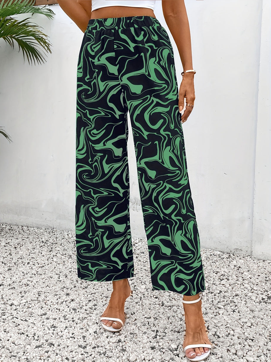Damen Weite Palazzo-Hose mit modernem Marmorprint und elastischem Bund WW