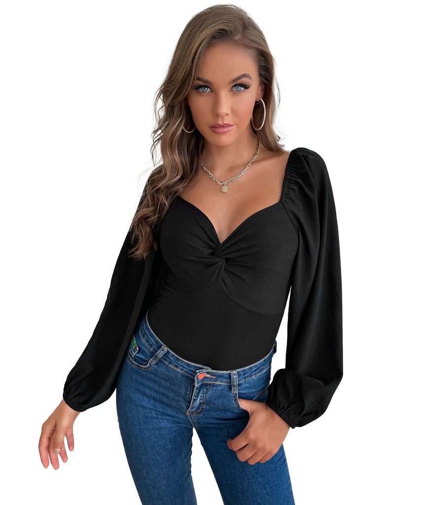 Damen Body mit eleganten Puffärmeln und dekorativem Knoten WW