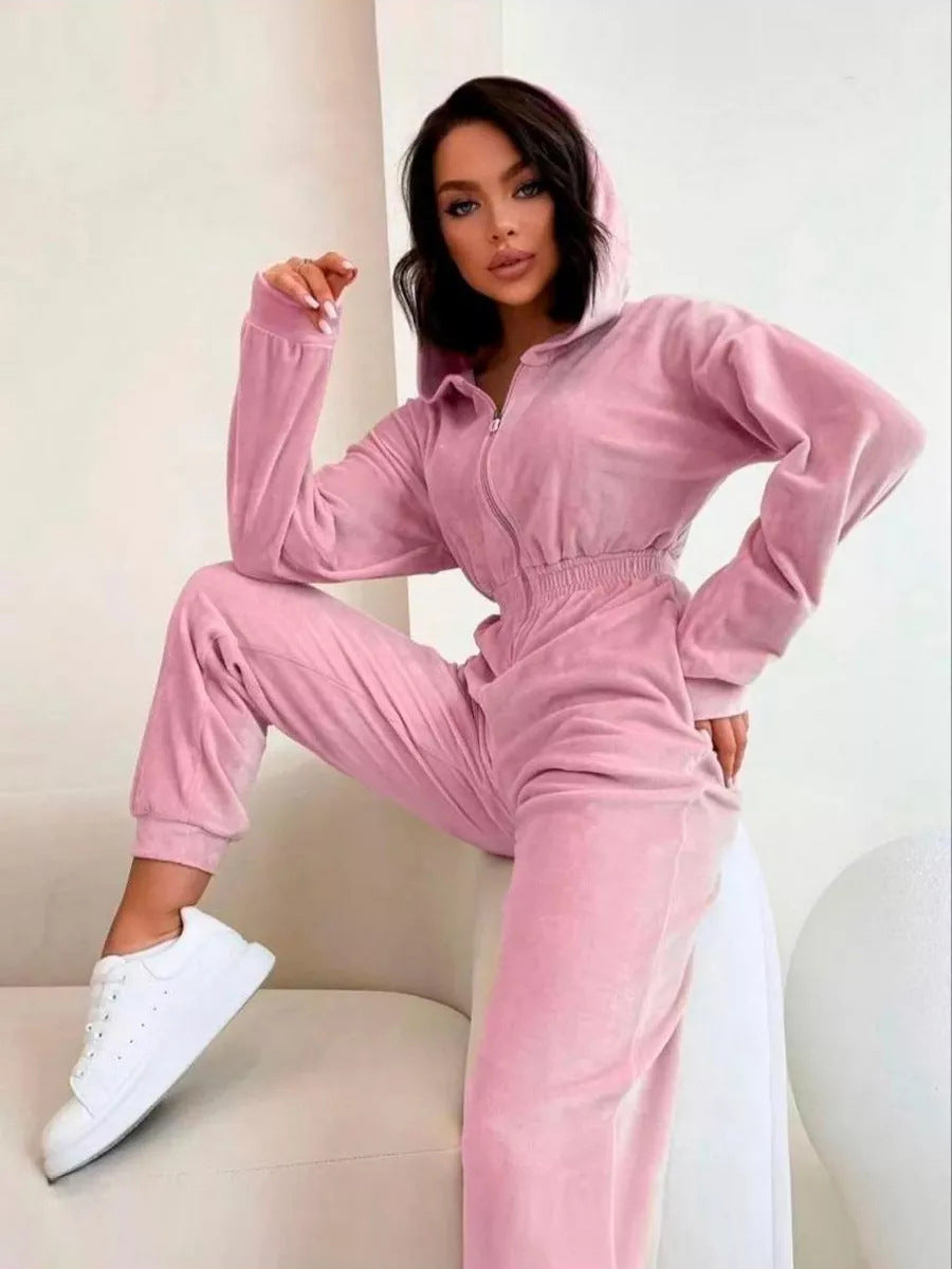 Damen sportlicher Fleece-Jumpsuit mit durchgehendem Reißverschluss WW