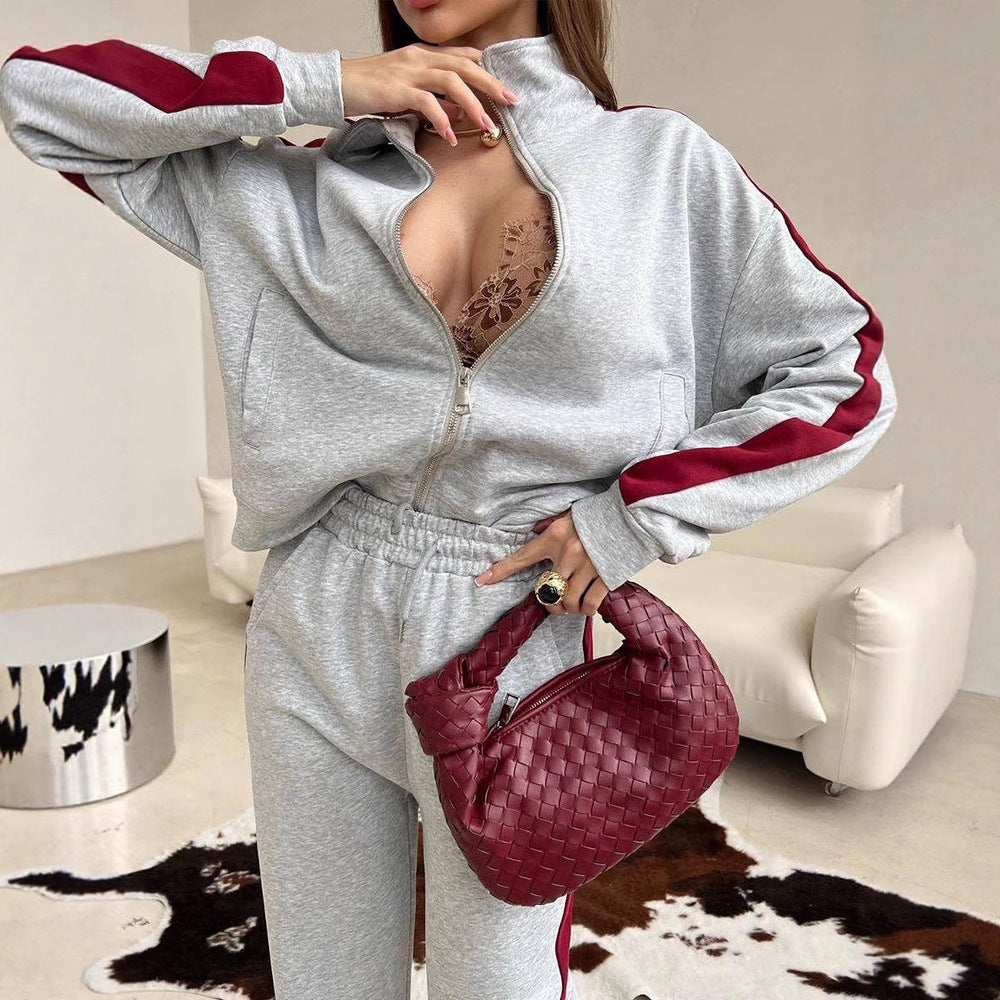 Damen sportlicher Fleece-Jogginganzug mit hohem Kragen und seitlichen Nähten WW