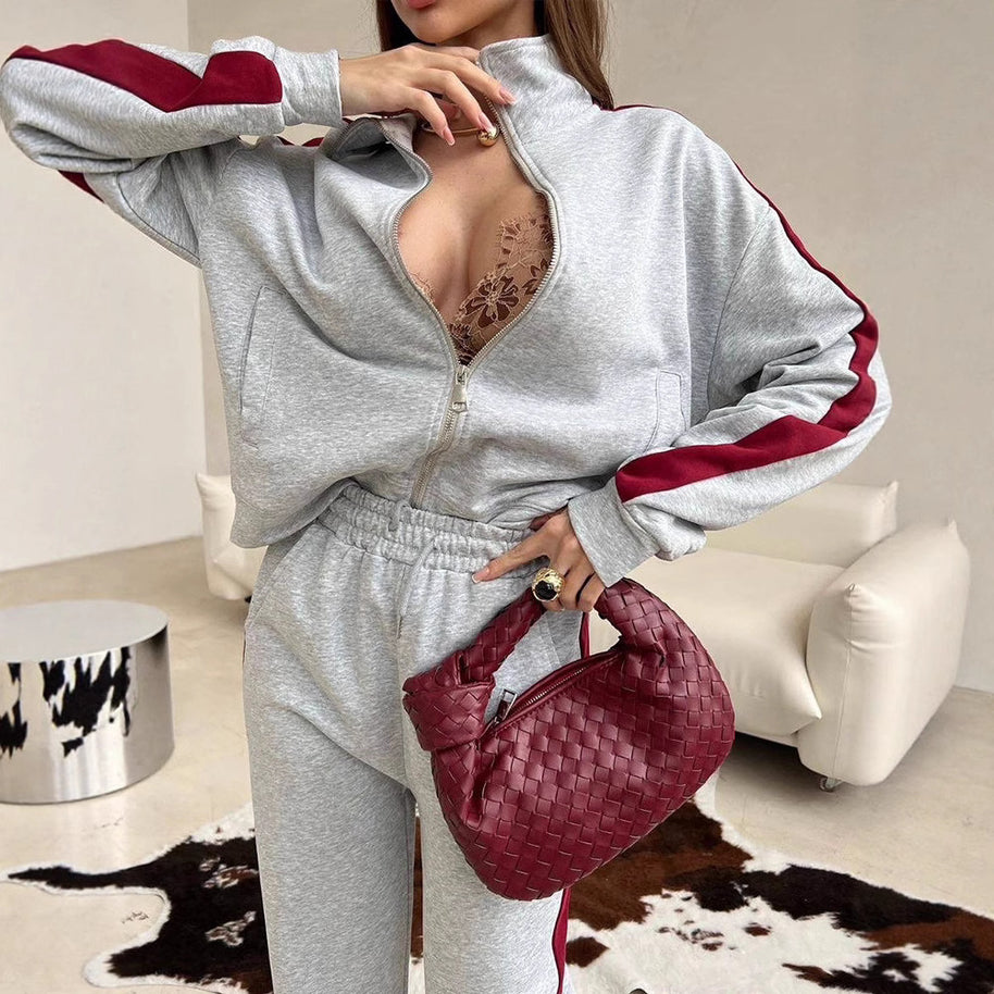 Damen sportlicher Fleece-Jogginganzug mit hohem Kragen und seitlichen Nähten WW