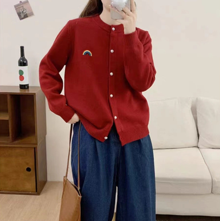 Damen Strickjacke mit Regenbogenmotiv und Knopfdetail WW