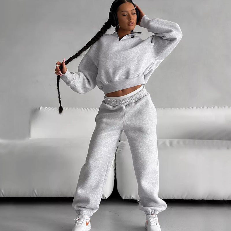Damen sportliches Crop-Pullover-Set mit hohem Kragen und elastischem Bund WW