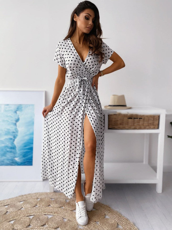 W&W Mode | Gedrucktes Polka-Dot-Band Taille Maxi Kleid