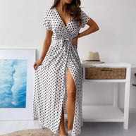 WW | Gedrucktes Polka-Dot-Band Taille Maxi Kleid
