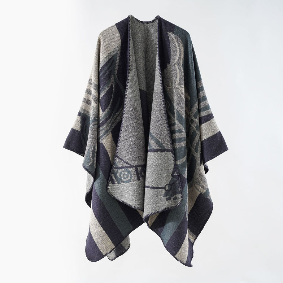 Damen eleganter Strickponcho mit kunstvollem Muster und feinen Fransen WW
