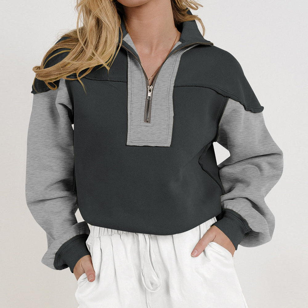 Damen lässiger Pullover mit halbem Reißverschluss und kontrastierenden Ärmeln WW