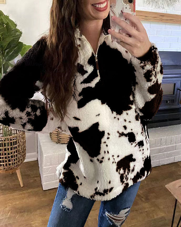 W&W Mode Kuhmuster Polar Fleece Reißverschluss Sweatshirt