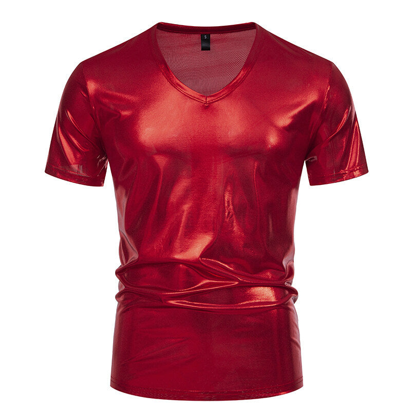 Herren Glänzendes Metallisches V-Ausschnitt T-Shirt W&W Mode