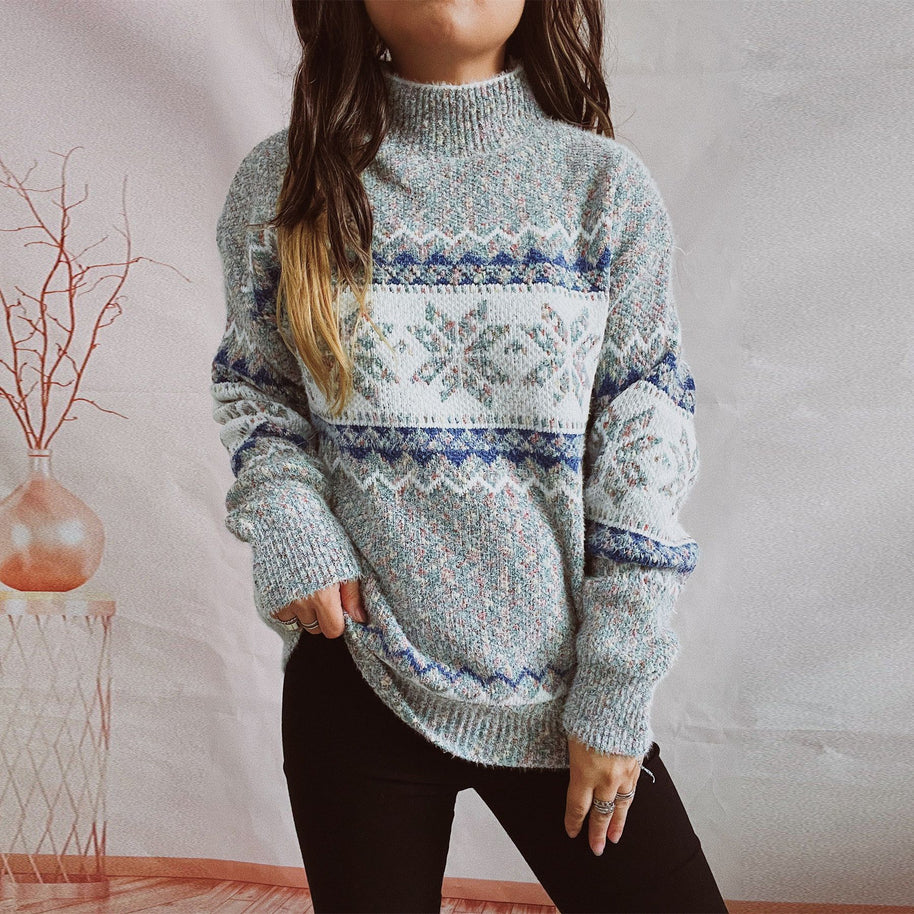 Damen Strickpullover mit geometrischem Muster und hohem Kragen WW
