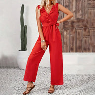 Damen eleganter Jumpsuit mit Rüschendetails und Taillengürtel W&W