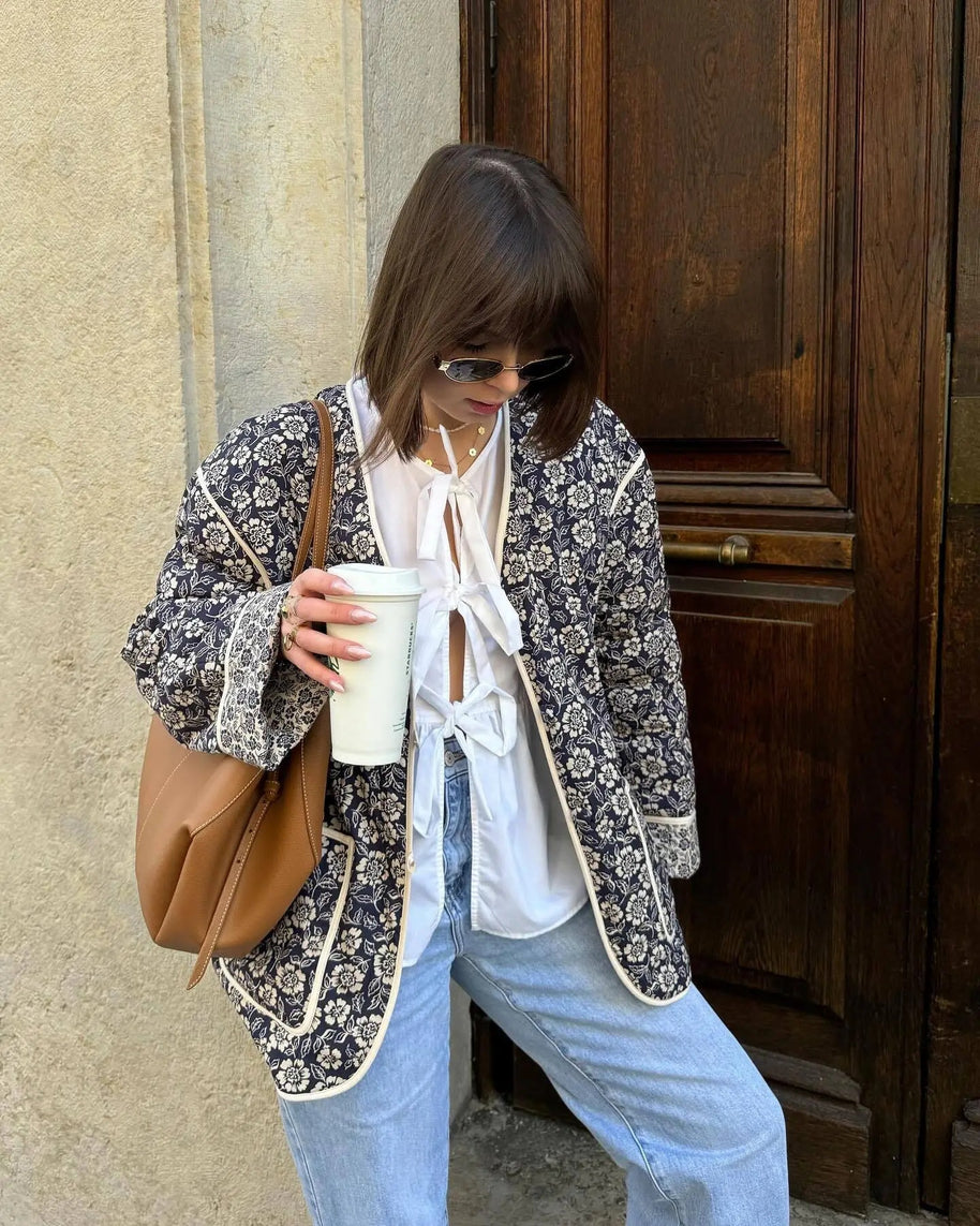 Damen elegante Floral-Jacke im Oversized-Schnitt mit strukturierten Details WW