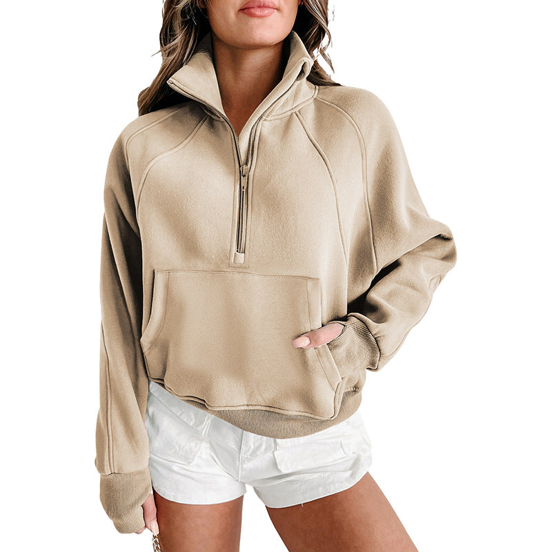 Damen lässiger Pullover mit halbem Reißverschluss und praktischen Taschen WW