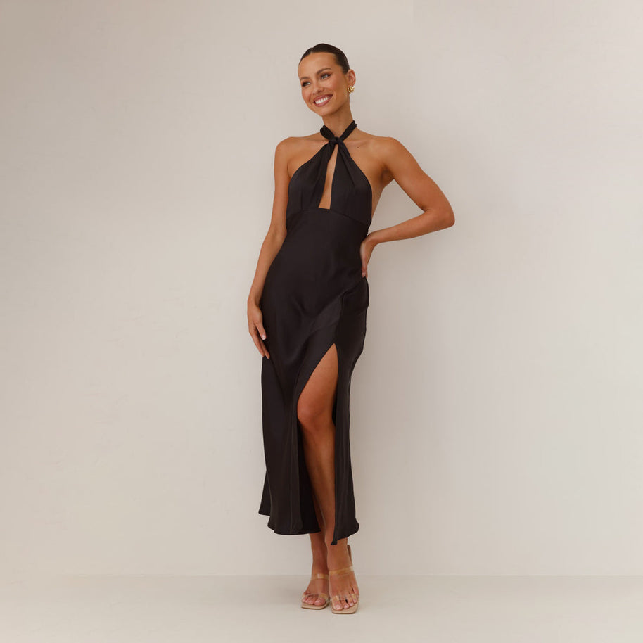 Damen Maxikleid mit elegantem Halterneck-Design und fließendem Satin-Finish WW