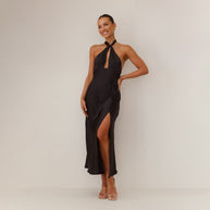 Damen Maxikleid mit elegantem Halterneck-Design und fließendem Satin-Finish WW