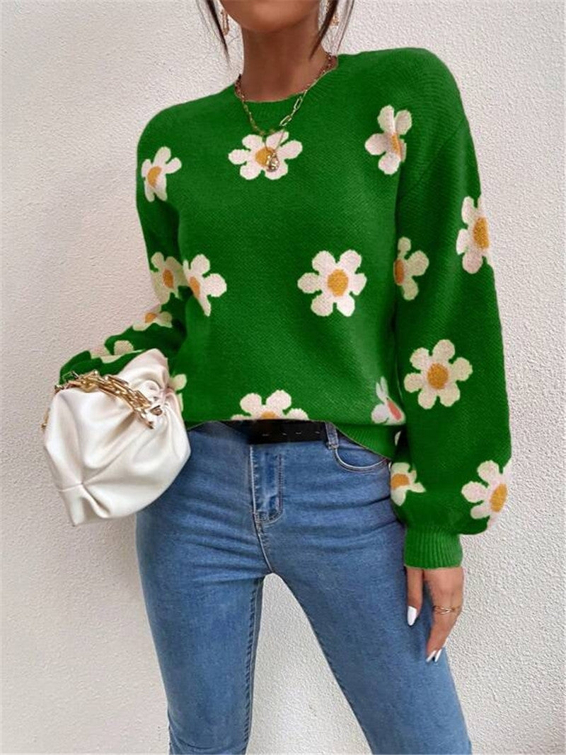Damen Strickpullover mit verspieltem Blumenmuster und eleganten Puffärmeln WW