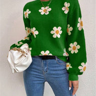 Damen Strickpullover mit verspieltem Blumenmuster und eleganten Puffärmeln WW