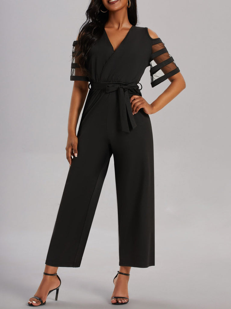 Damen Eleganter Jumpsuit mit transparenten Ärmel-Details und Taillengürtel WW