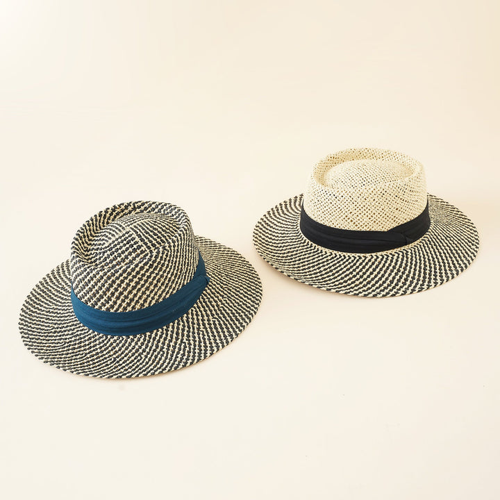 Damen Strohhut mit breiter Krempe und elegantem Kontrastband W&W Mode