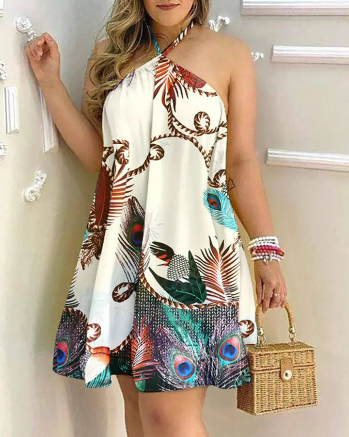 W&W Mode | Bedrucktes Cold Shoulder Halter Tie Kleid