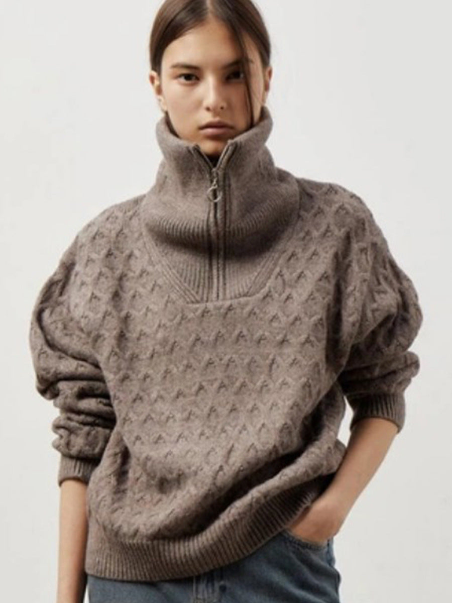 Damen Sportlicher Stehkragenpullover mit Zipper und Struktur WW