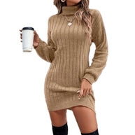 Damen Strickkleid mit hohem Kragen und feinem Rippenmuster WW